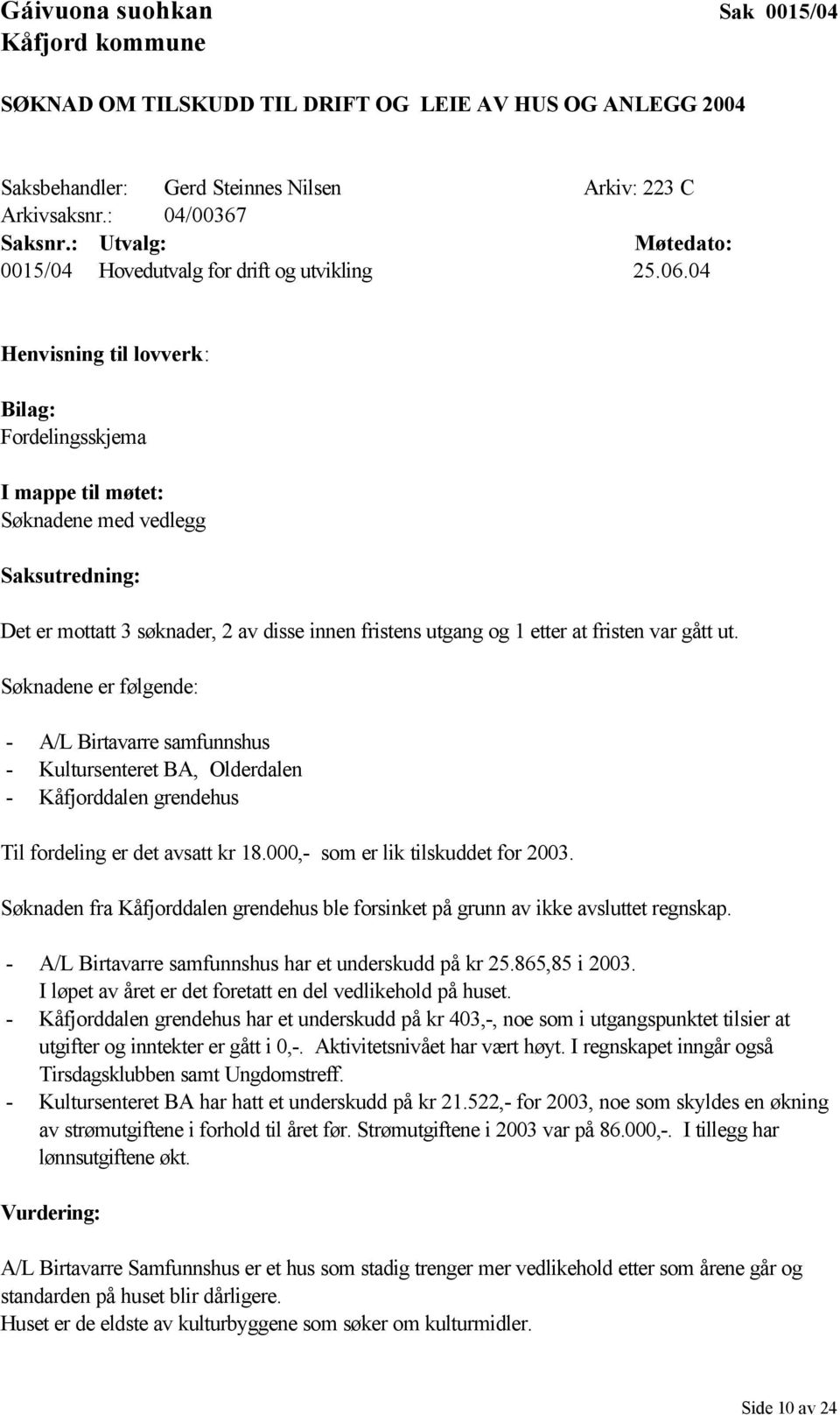 04 Henvisning til lovverk: Bilag: Fordelingsskjema I mappe til møtet: Søknadene med vedlegg Saksutredning: Det er mottatt 3 søknader, 2 av disse innen fristens utgang og 1 etter at fristen var gått