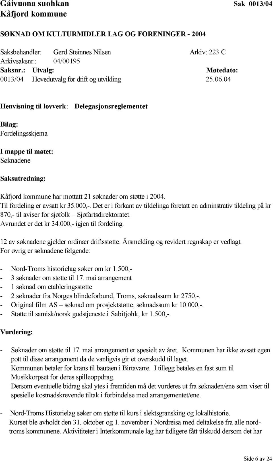04 Henvisning til lovverk: Delegasjonsreglementet Bilag: Fordelingsskjema I mappe til møtet: Søknadene Saksutredning: Kåfjord kommune har mottatt 21 søknader om støtte i 2004.