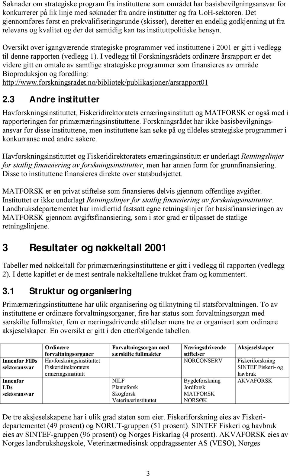 Oversikt over igangværende strategiske programmer ved instituttene i 2001 er gitt i vedlegg til denne rapporten (vedlegg 1).