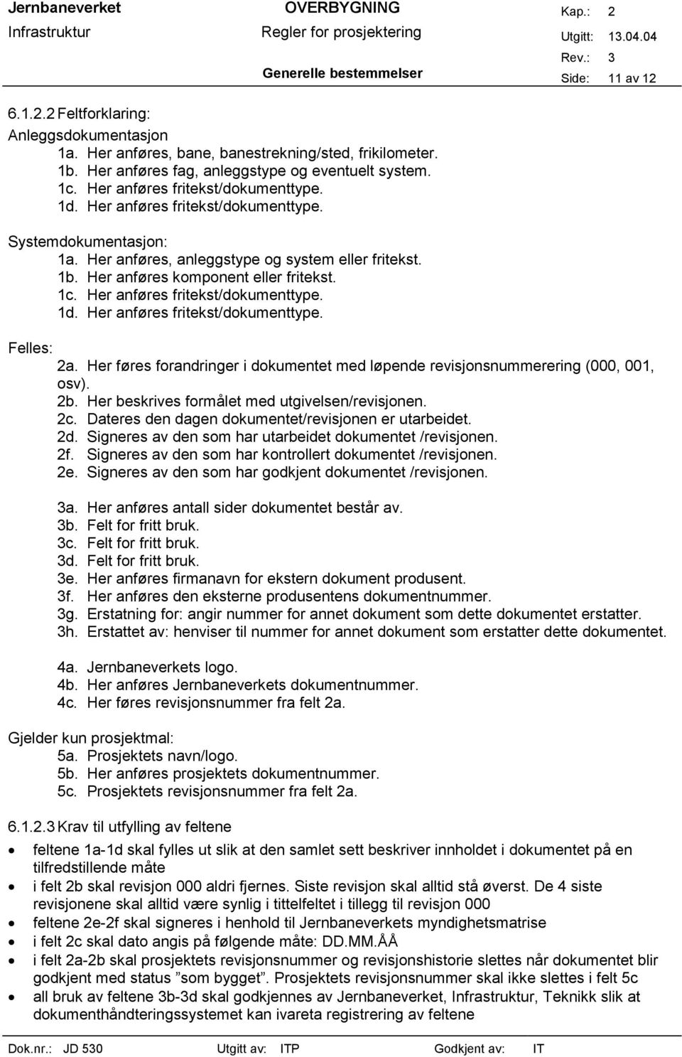 Her anføres fritekst/dokumenttype. 1d. Her anføres fritekst/dokumenttype. Felles: 2a. Her føres forandringer i dokumentet med løpende revisjonsnummerering (000, 001, osv). 2b.