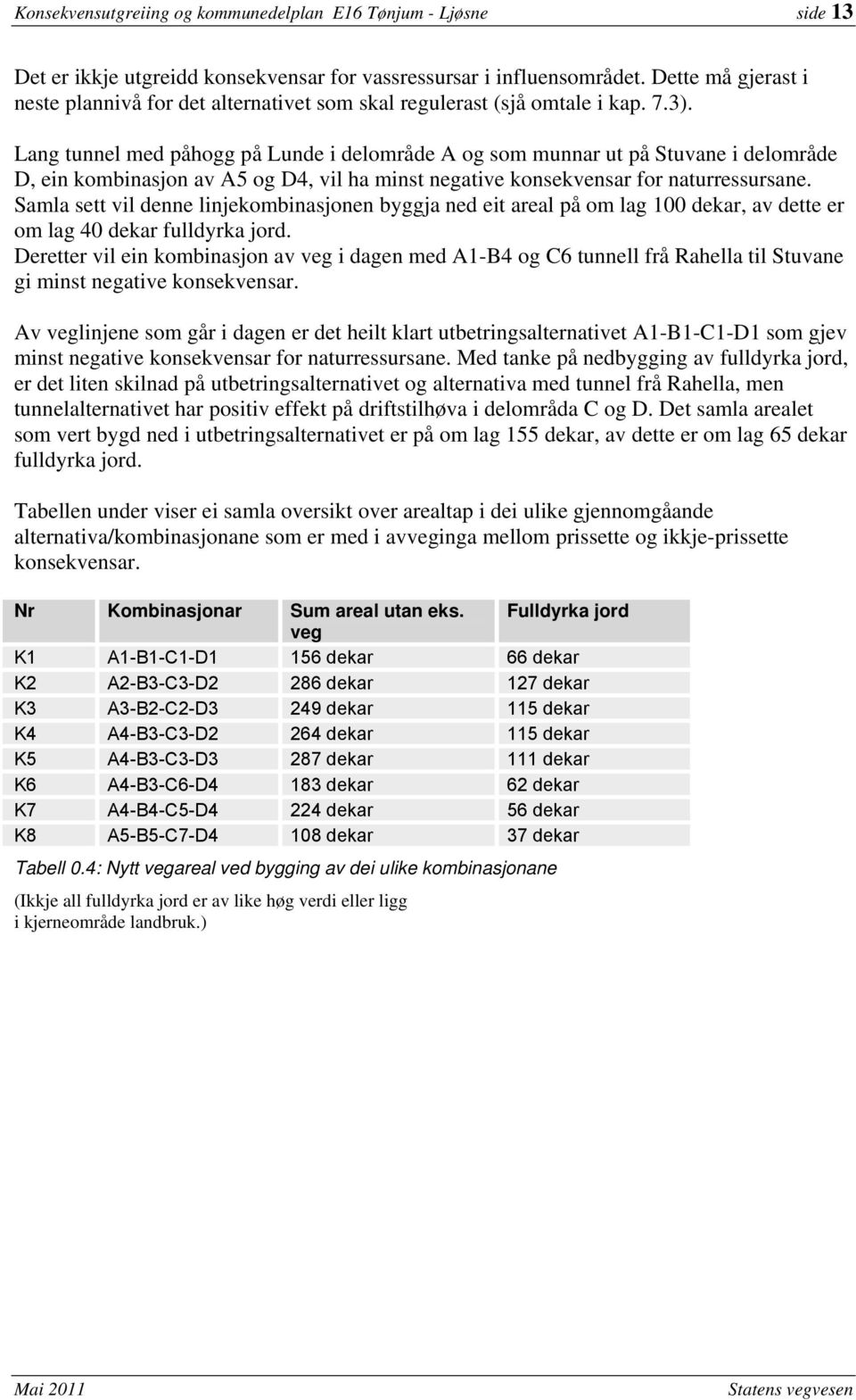 Lang tunnel med påhogg på Lunde i delområde A og som munnar ut på Stuvane i delområde D, ein kombinasjon av A5 og D4, vil ha minst negative konsekvensar for naturressursane.