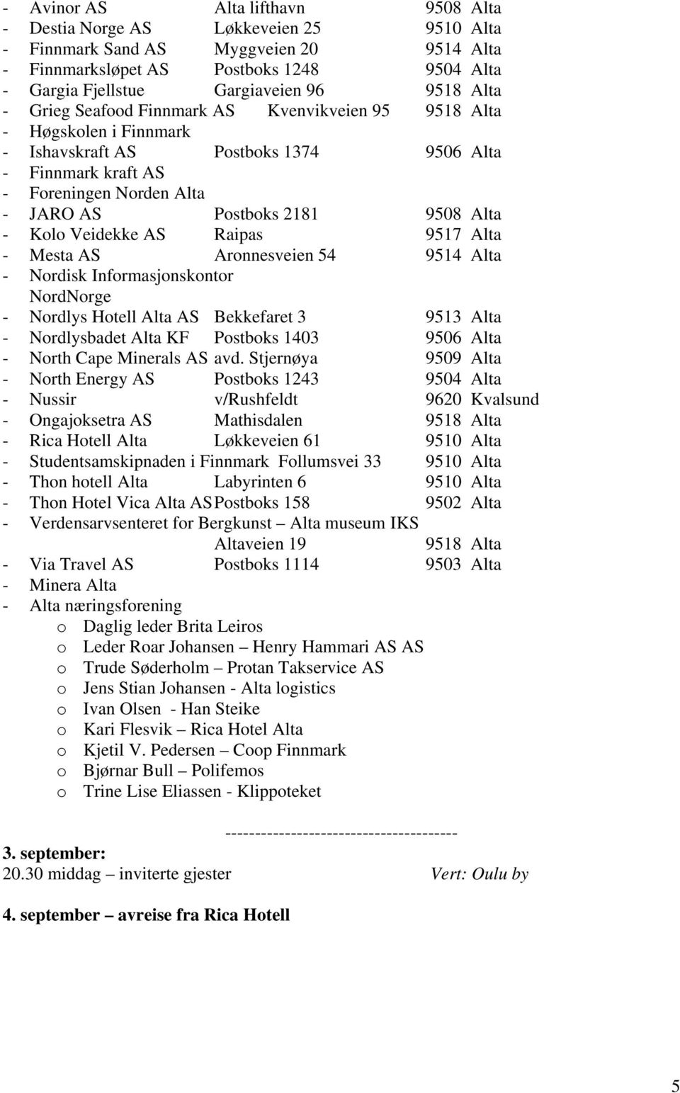 9508 Alta - Kolo Veidekke AS Raipas 9517 Alta - Mesta AS Aronnesveien 54 9514 Alta - Nordisk Informasjonskontor NordNorge - Nordlys Hotell Alta AS Bekkefaret 3 9513 Alta - Nordlysbadet Alta KF