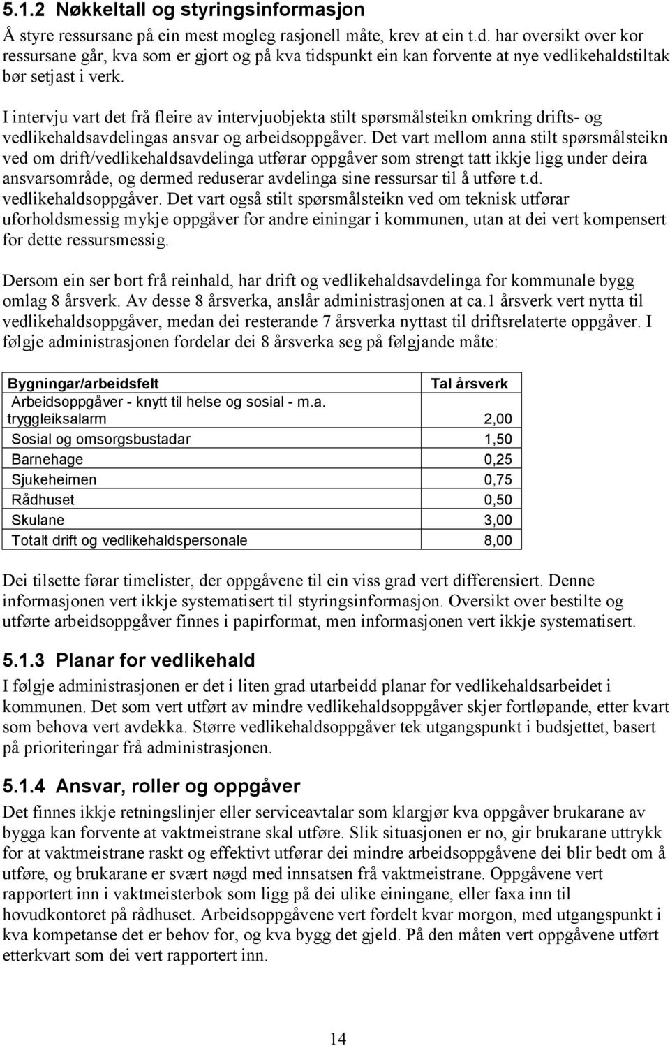 I intervju vart det frå fleire av intervjuobjekta stilt spørsmålsteikn omkring drifts- og vedlikehaldsavdelingas ansvar og arbeidsoppgåver.