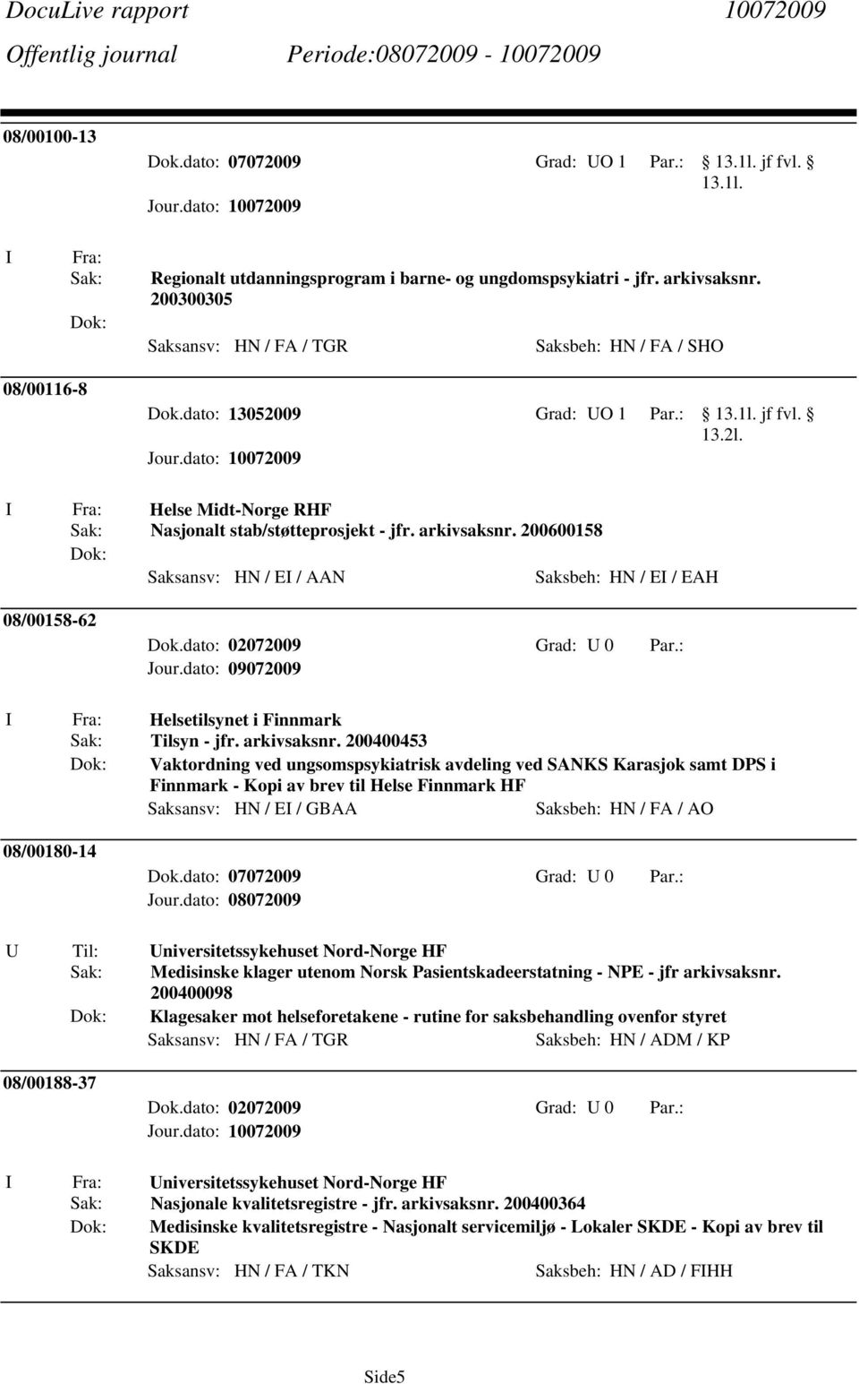200600158 Saksansv: HN / E / AAN Saksbeh: HN / E / EAH 08/00158-62 Dok.dato: 02072009 Grad: 0 Par.: Helsetilsynet i Finnmark Tilsyn - jfr. arkivsaksnr.