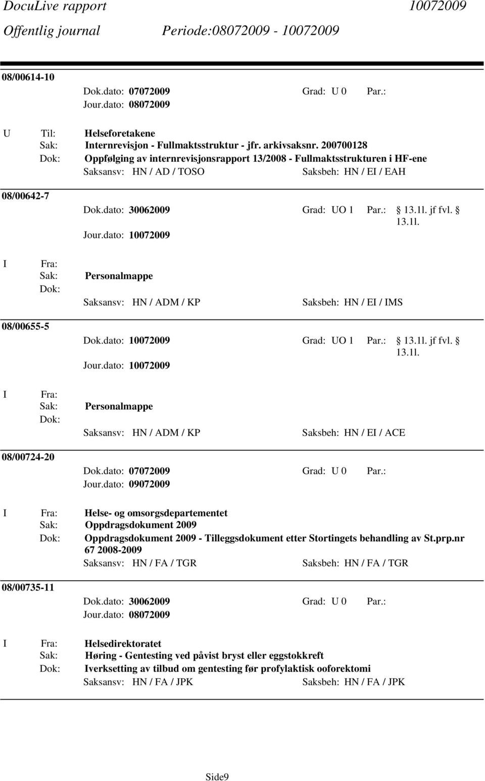 Personalmappe Saksansv: HN / ADM / KP 08/00655-5 Dok.dato: 10072009 Grad: O 1 Par.: jf fvl. Personalmappe Saksansv: HN / ADM / KP Saksbeh: HN / E / ACE 08/00724-20 Dok.dato: 07072009 Grad: 0 Par.