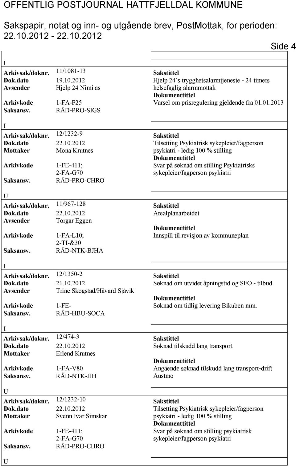 RÅD-PRO-SGS Arkivsak/doknr. 12/1232-9 Sakstittel Mottaker Mona Krutnes Svar på søknad om stilling Psykiatrisks sykepleier/fagperson psykiatri Arkivsak/doknr. 11/967-128 Sakstittel Dok.dato 22.10.