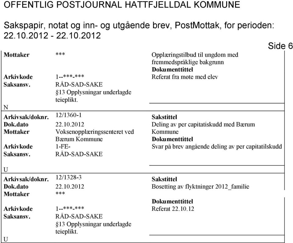 2012 Deling av per capitatiskudd med Bærum Mottaker Voksenopplæringssenteret ved Kommune Bærum Kommune Arkivkode 1-FE- Svar på brev angående deling av