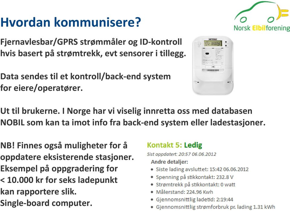 I Norge har vi viselig innretta oss med databasen NOBIL som kan ta imot info fra back-end system eller ladestasjoner. NB!