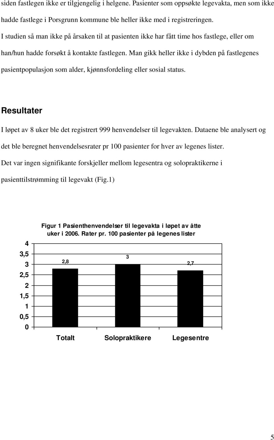 Man gikk heller ikke i dybden på fastlegenes pasientpopulasjon som alder, kjønnsfordeling eller sosial status. Resultater I løpet av 8 uker ble det registrert 999 henvendelser til legevakten.