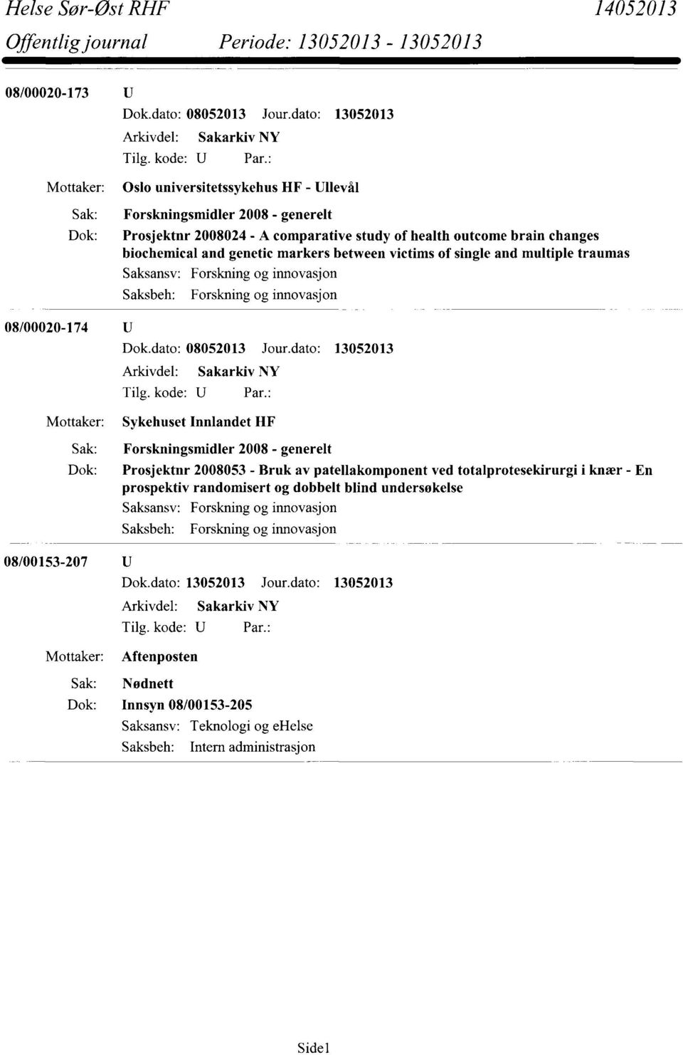 biochemical and genetic markers between victims of single and multiple traumas 08/00020-174 U Forskning og innovasjon Forskning og innovasjon Dok.dato: 08052013 Jour.