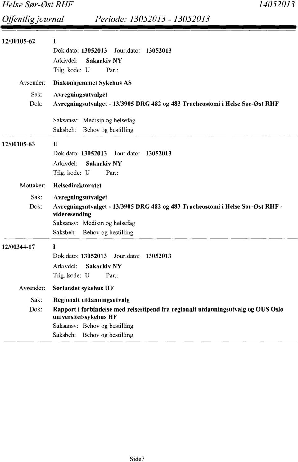 483 Tracheostomi i Helse Sør-Øst RHF - videresending Medisin og helsefag Behov og bestilling 12/00344-17 Sørlandet sykehus HF Regionalt