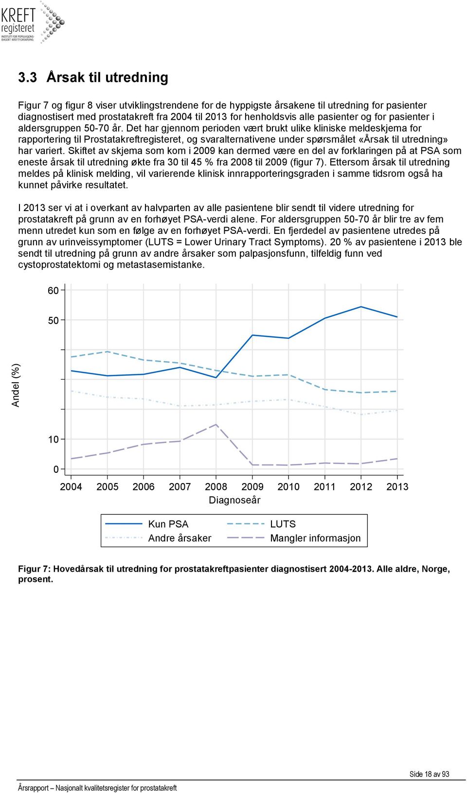 Det har gjennom perioden vært brukt ulike kliniske meldeskjema for rapportering til Prostatakreftregisteret, og svaralternativene under spørsmålet «Årsak til utredning» har variert.