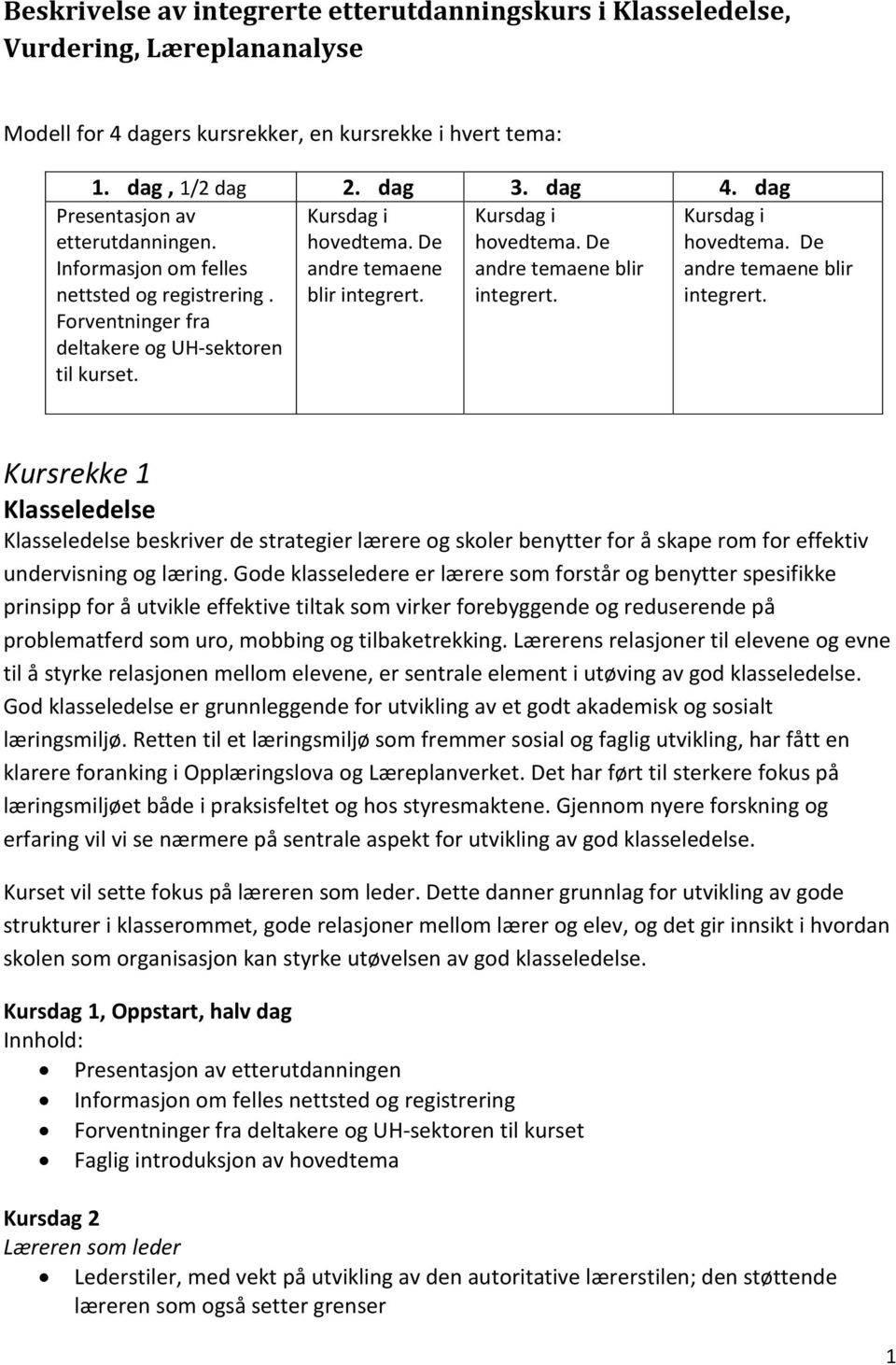 Kursdag i hovedtema. De andre temaene blir integrert. Kursdag i hovedtema. De andre temaene blir integrert. Kursrekke 1 Klasseledelse Klasseledelse beskriver de strategier lærere og skoler benytter for å skape rom for effektiv undervisning og læring.