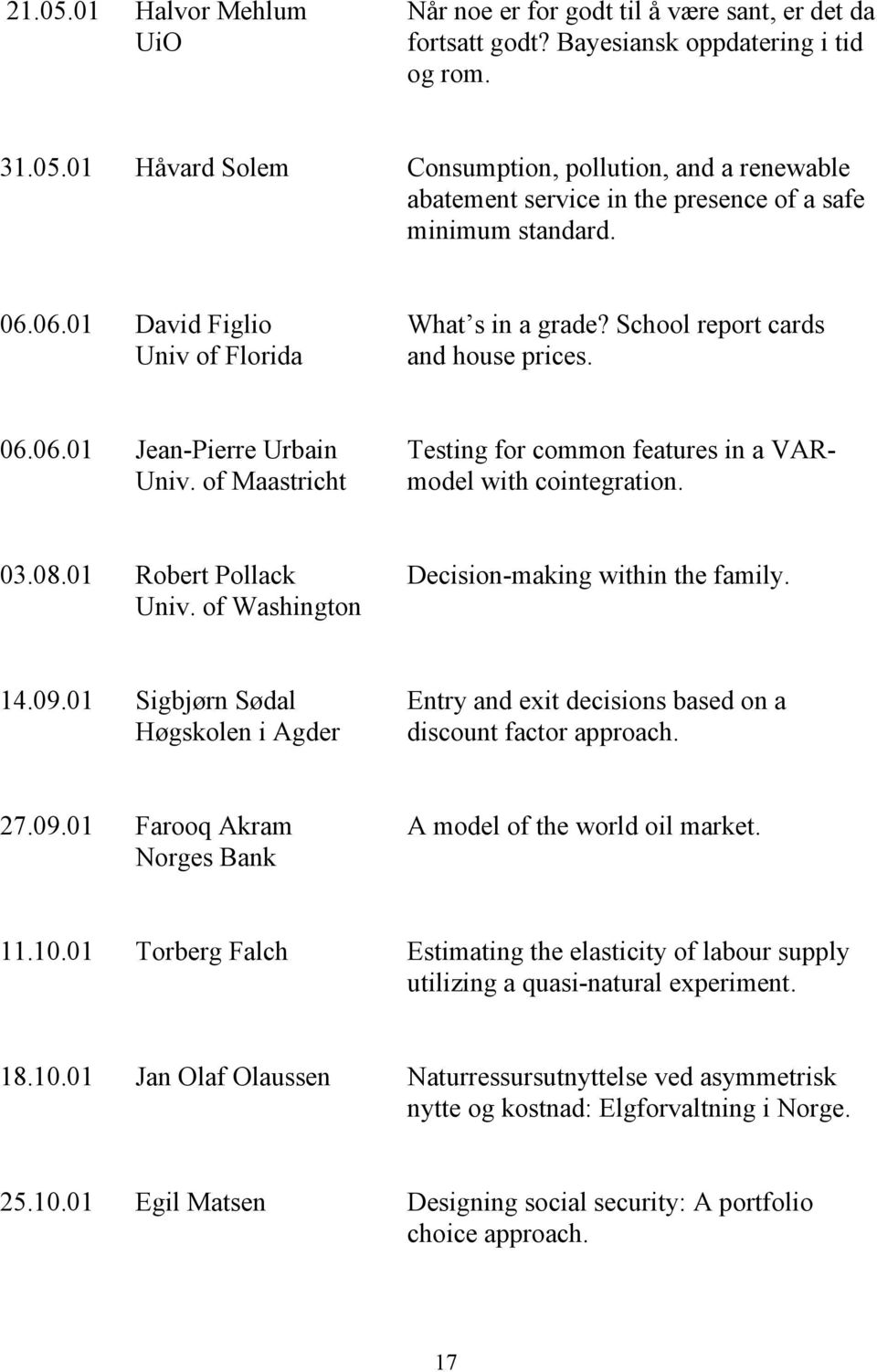 of Maastricht model with cointegration. 03.08.01 Robert Pollack Decision-making within the family. Univ. of Washington 14.09.