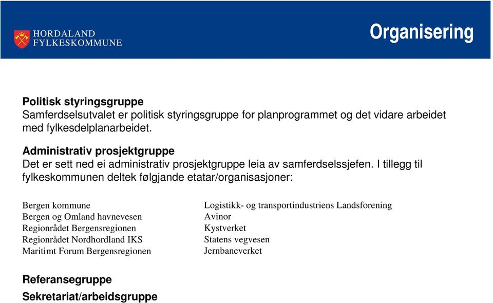 I tillegg til fylkeskommunen deltek følgjande etatar/organisasjoner: Bergen kommune Bergen og Omland havnevesen Regionrådet Bergensregionen