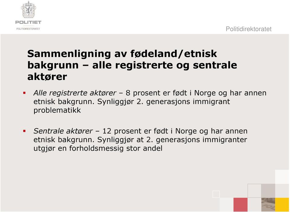 generasjons immigrant problematikk Sentrale aktører 12 prosent er født i Norge og har