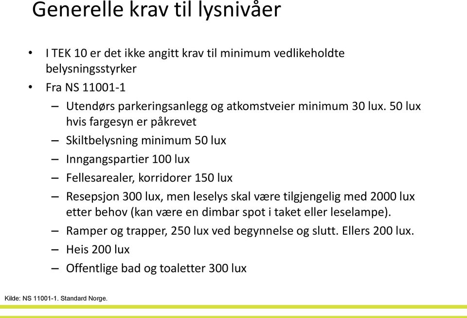 50 lux hvis fargesyn er påkrevet Skiltbelysning minimum 50 lux Inngangspartier 100 lux Fellesarealer, korridorer 150 lux Resepsjon 300 lux, men