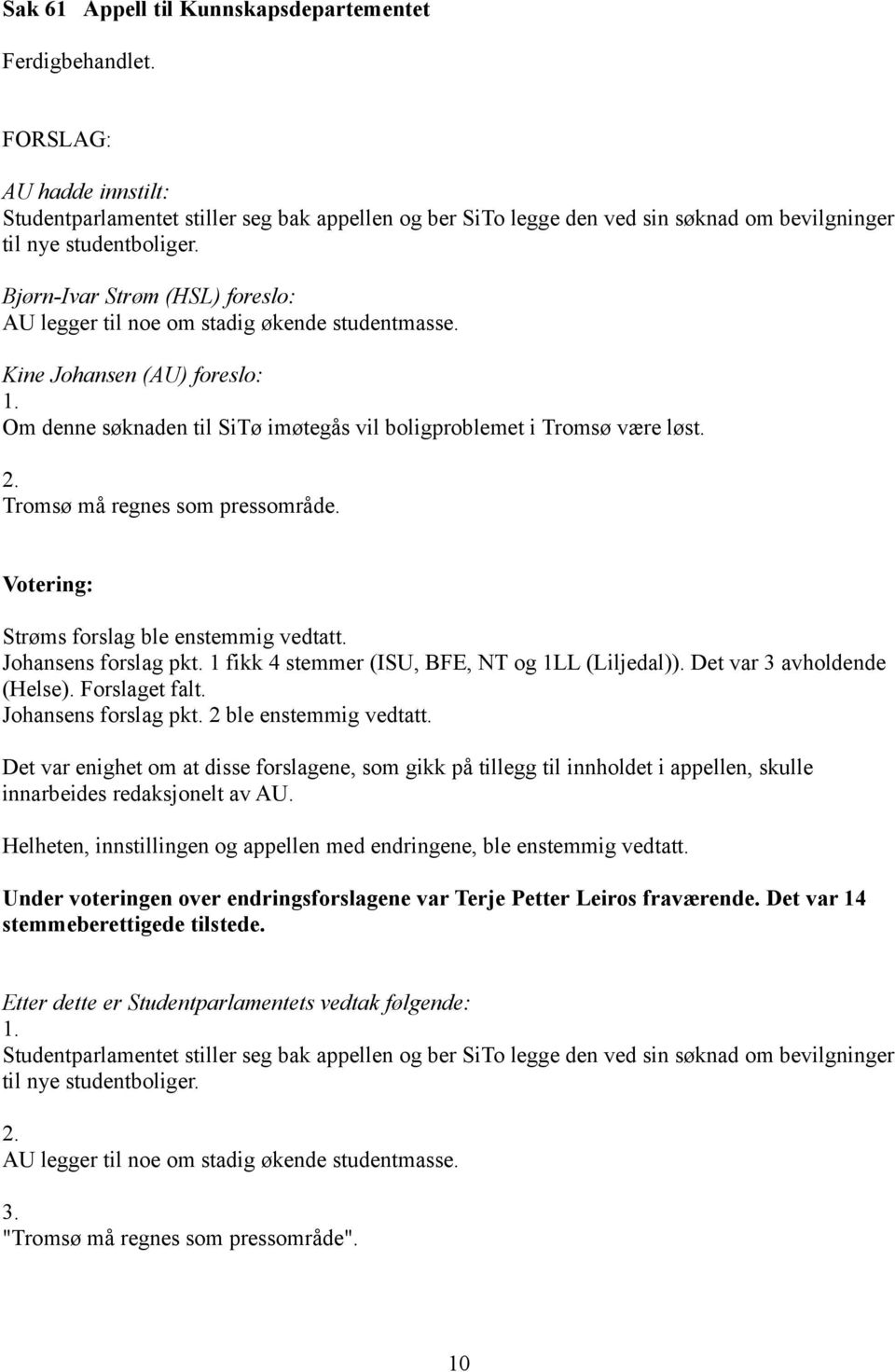 Tromsø må regnes som pressområde. Strøms forslag ble enstemmig vedtatt. Johansens forslag pkt. 1 fikk 4 stemmer (ISU, BFE, NT og 1LL (Liljedal)). Det var 3 avholdende (Helse). Forslaget falt.