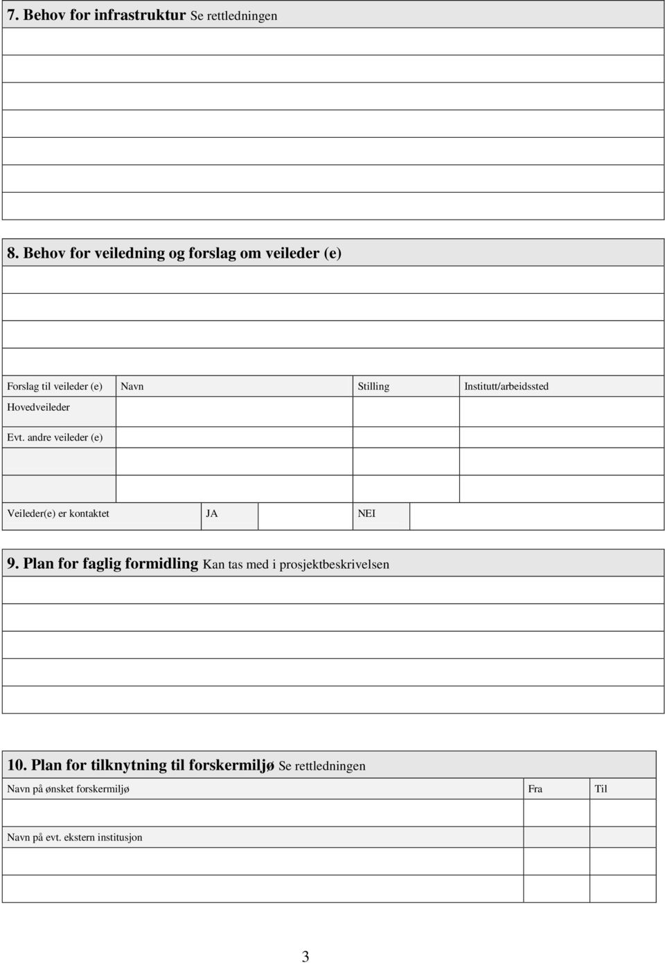Institutt/arbeidssted Hovedveileder Evt. andre veileder (e) Veileder(e) er kontaktet JA NEI 9.