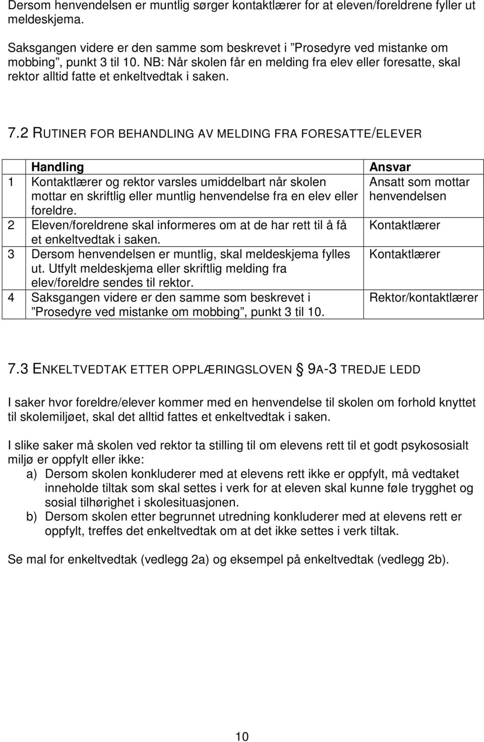 2 RUTINER FOR BEHANDLING AV MELDING FRA FORESATTE/ELEVER Handling 1 Kontaktlærer og rektor varsles umiddelbart når skolen mottar en skriftlig eller muntlig henvendelse fra en elev eller foreldre.