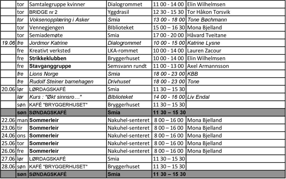 06 fre Jordmor Katrine Dialogrommet 10 00-15 00 Katrine Lysne fre Kreativt verksted LKA-rommet 10 00-14 00 Lauren Zacour fre Strikkeklubben Bryggerhuset 10 00-14 00 Elin Wilhelmsen fre Stavganggruppe