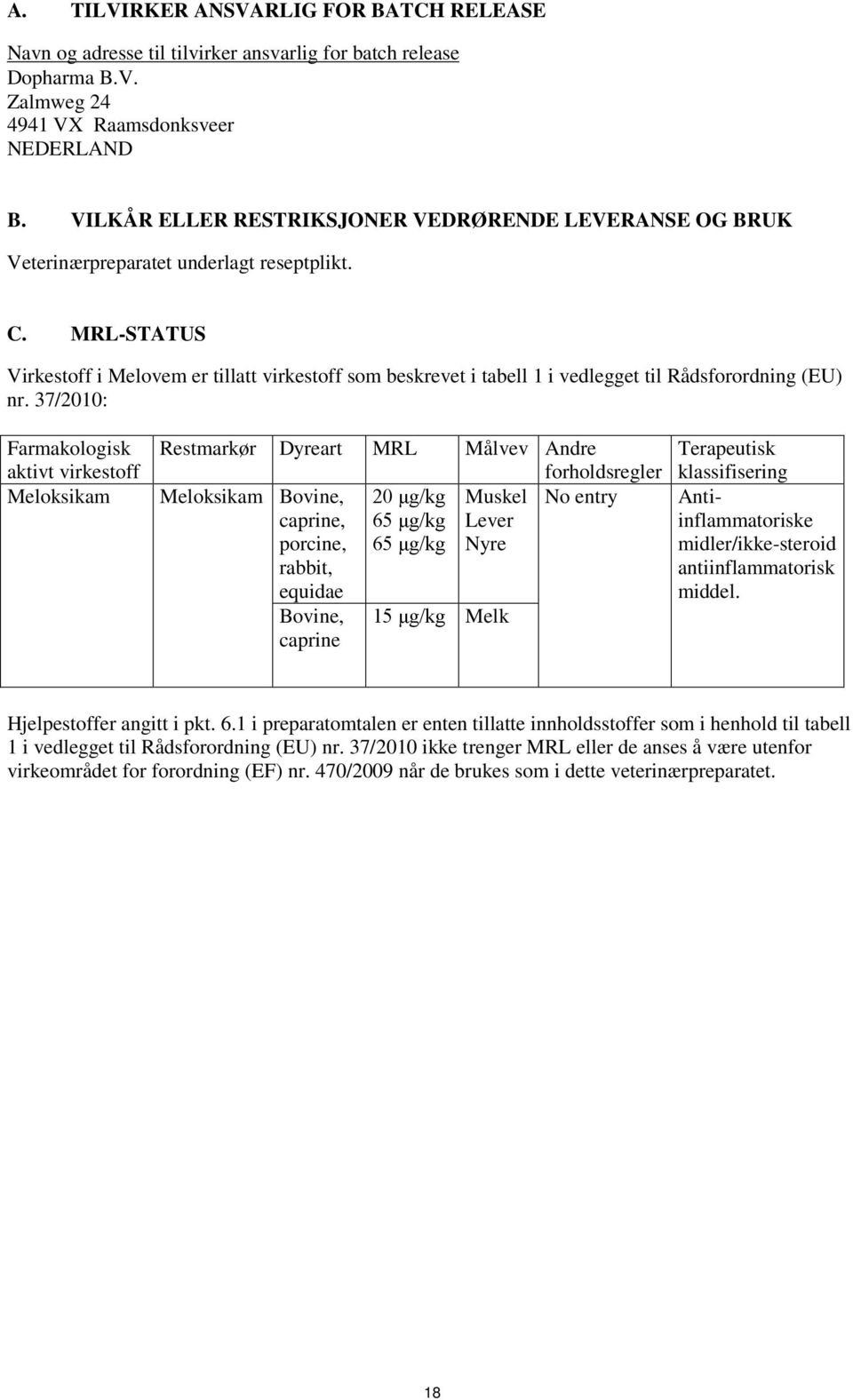 MRL-STATUS Virkestoff i Melovem er tillatt virkestoff som beskrevet i tabell 1 i vedlegget til Rådsforordning (EU) nr.