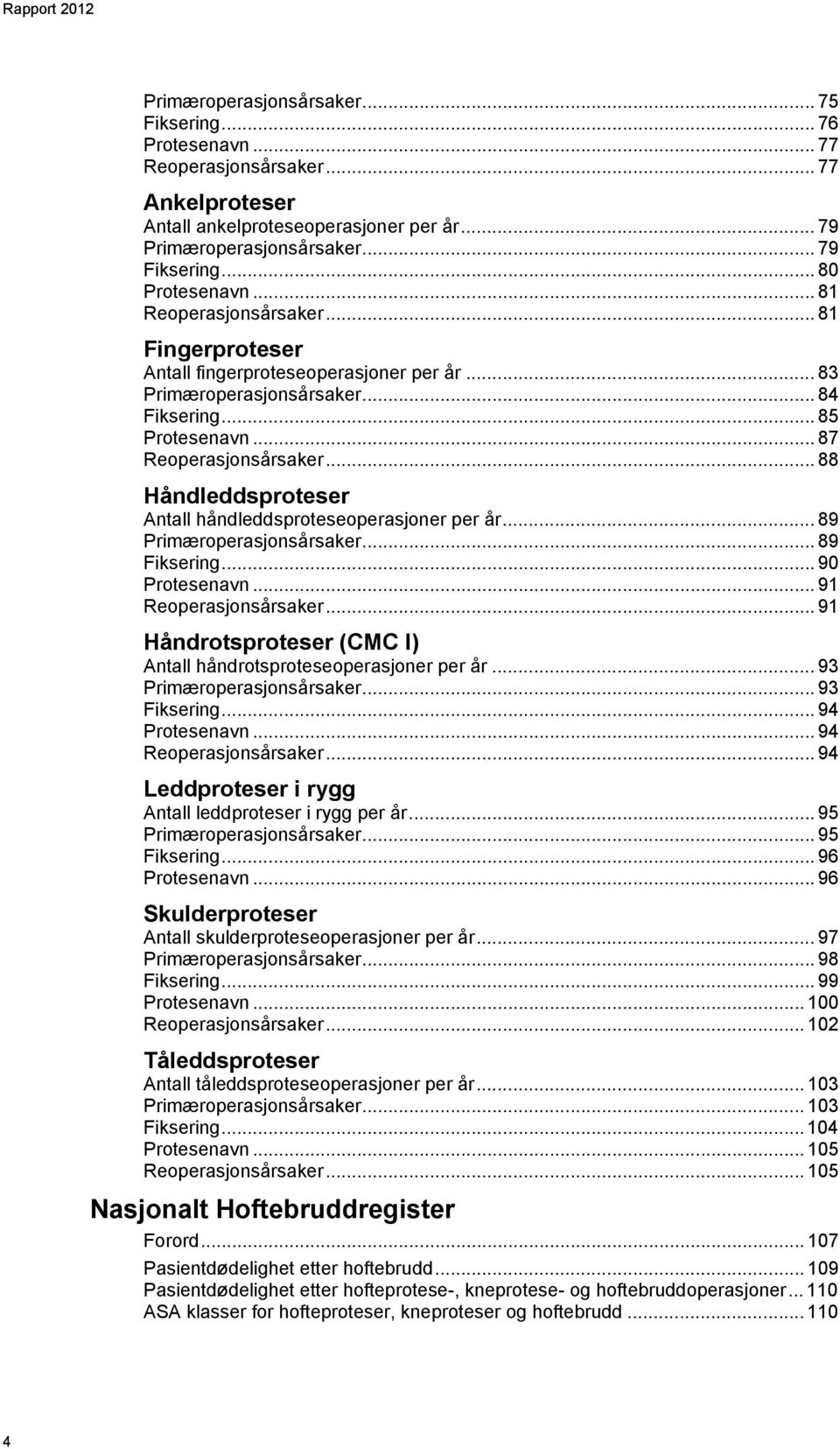 .. 88 Håndleddsproteser Antall håndleddsproteseoperasjoner per år... 89 Primæroperasjonsårsaker... 89 Fiksering... 90 Protesenavn... 9 Reoperasjonsårsaker.