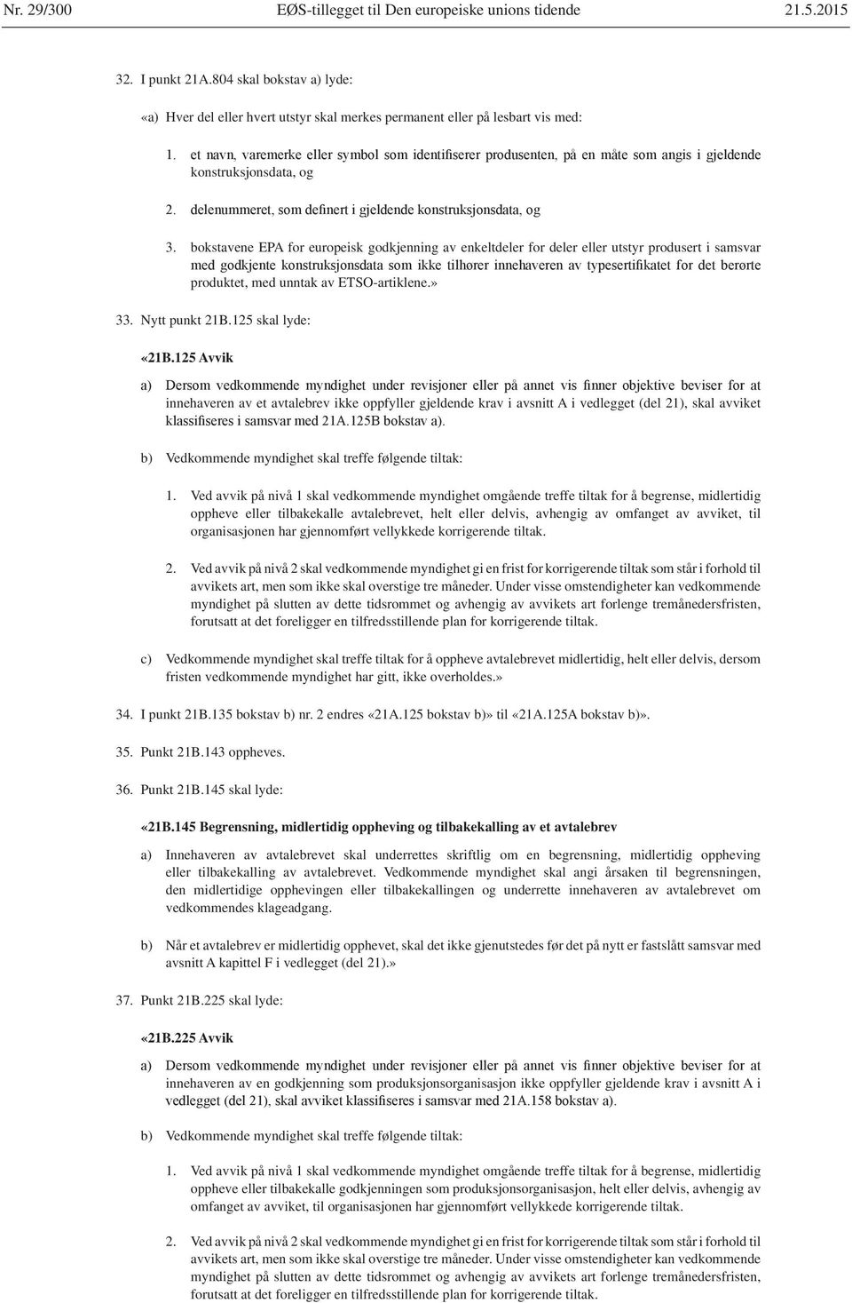 bokstavene EPA for europeisk godkjenning av enkeltdeler for deler eller utstyr produsert i samsvar produktet, med unntak av ETSO-artiklene.» 33. Nytt punkt 21B.125 skal lyde: «21B.