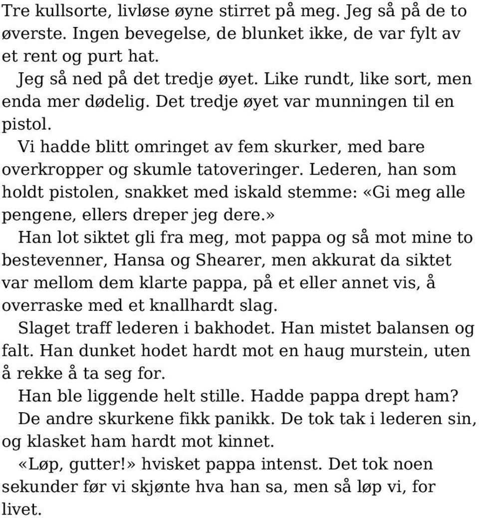 Lederen, han som holdt pistolen, snakket med iskald stemme: «Gi meg alle pengene, ellers dreper jeg dere.