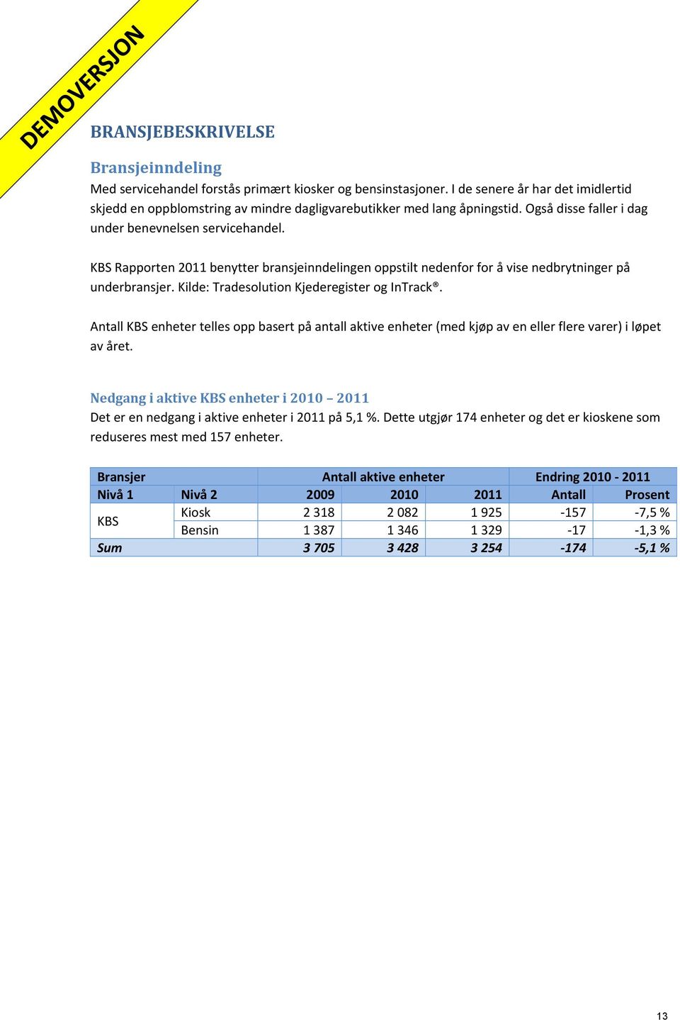 KBS Rapporten 2011 benytter bransjeinndelingen oppstilt nedenfor for å vise nedbrytninger på underbransjer. Kilde: Tradesolution Kjederegister og InTrack.