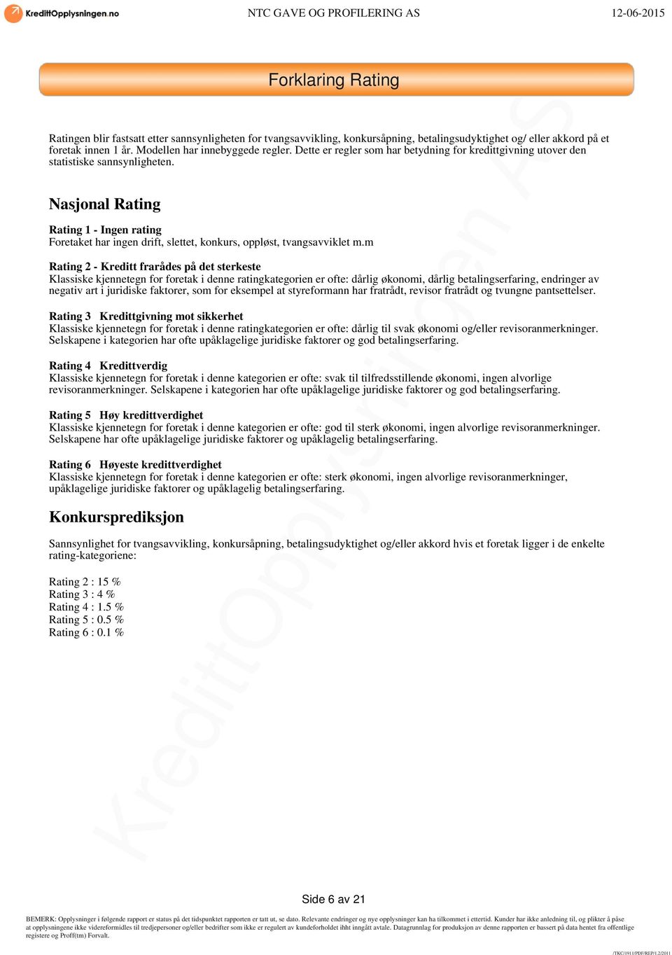 Nasjonal Rating Rating 1 - Ingen rating Foretaket har ingen drift, slettet, konkurs, oppløst, tvangsavviklet m.