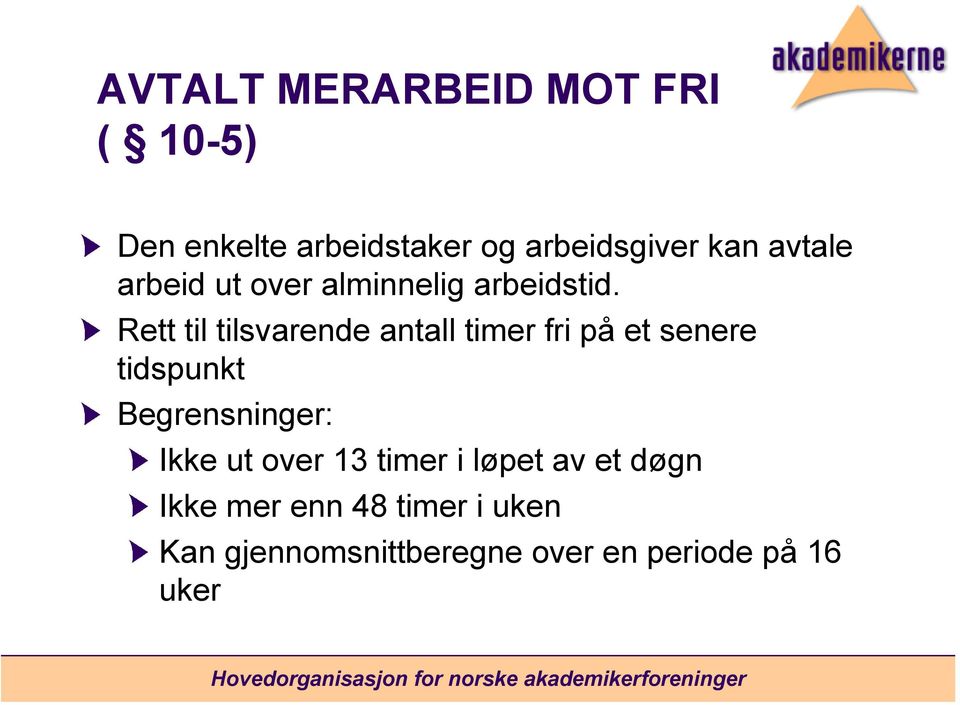 Rett til tilsvarende antall timer fri på et senere tidspunkt Begrensninger: