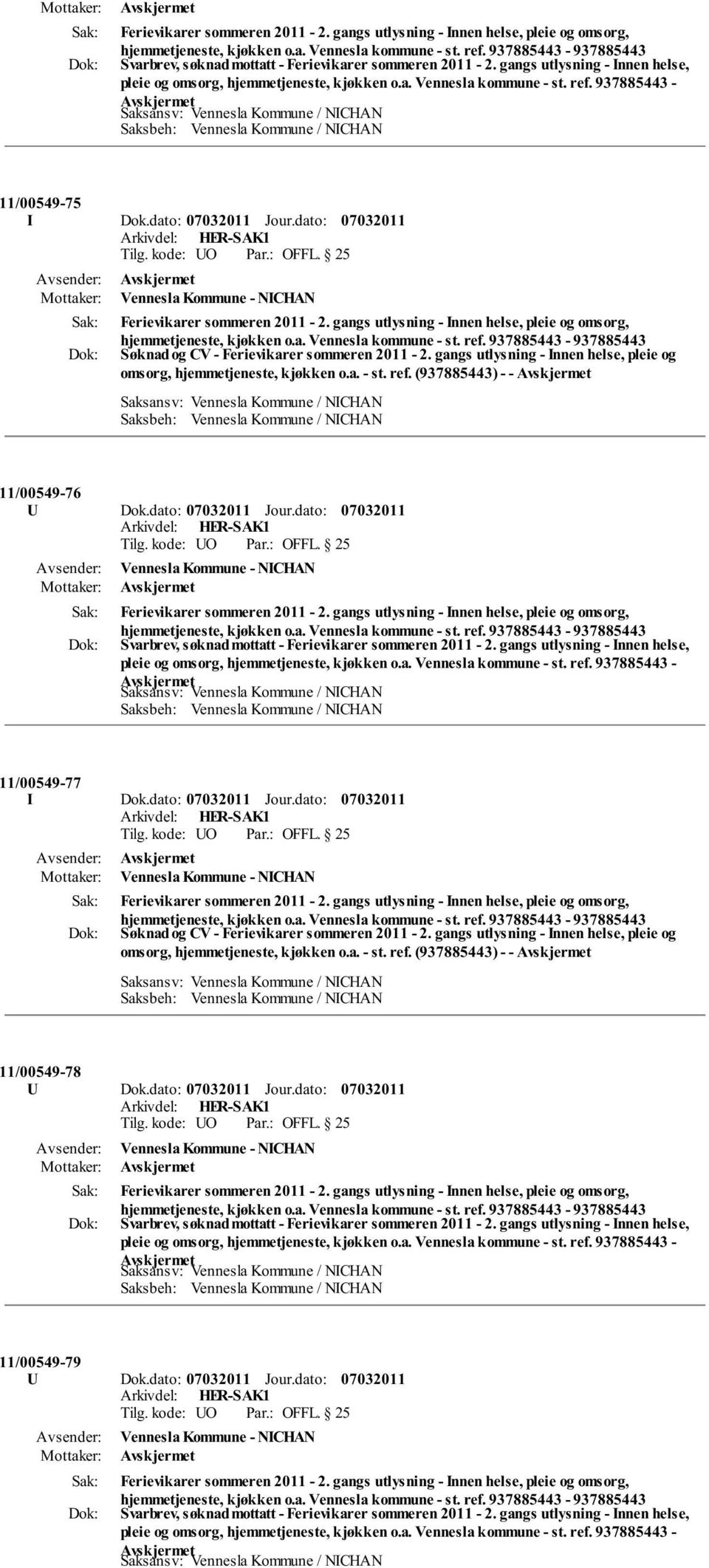 dato: Vennesla Kommune - NICHAN 11/00549-77 I Dok.dato: Jour.