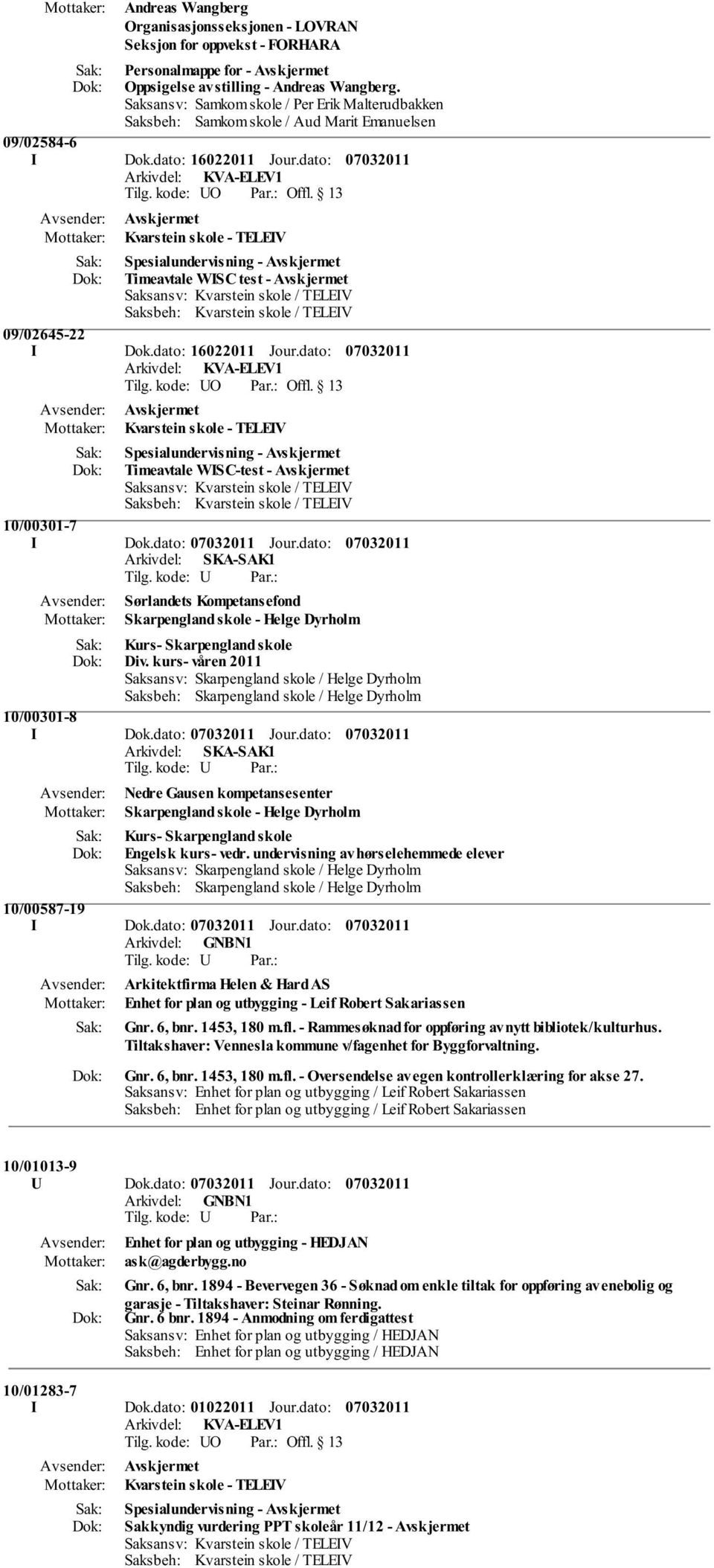 dato: Kvarstein skole - TELEIV Spesialundervisning - Timeavtale WISC test - 09/02645-22 I Dok.dato: 16022011 Jour.