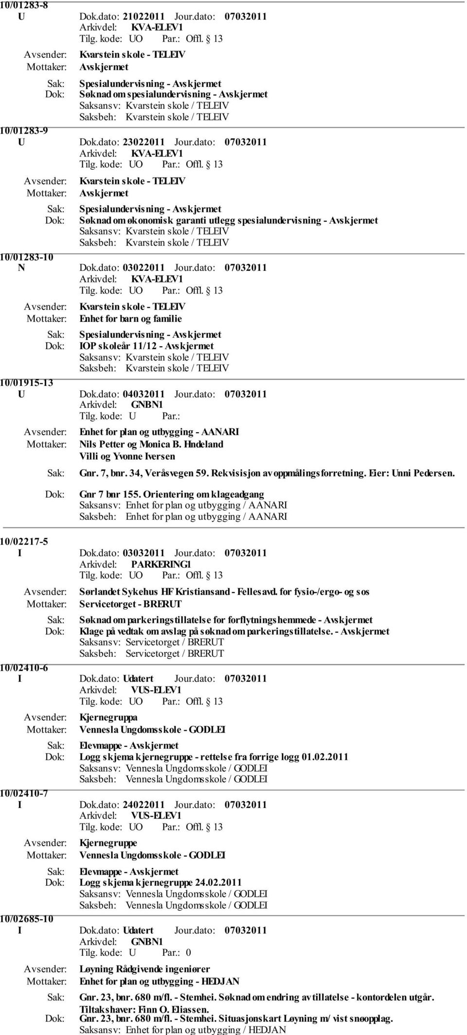 dato: Kvarstein skole - TELEIV Enhet for barn og familie Spesialundervisning - IOP skoleår 11/12-10/01915-13 U Dok.dato: 04032011 Arkivdel: GNBN1 Jour.