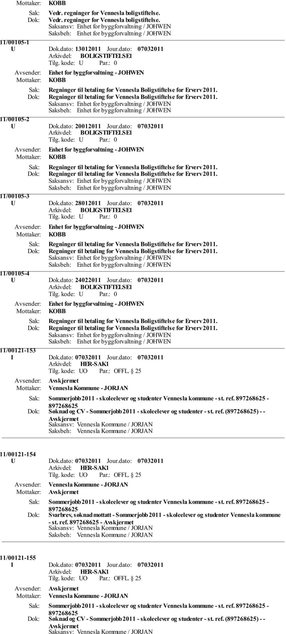 dato: 20012011 Jour.dato: Enhet for byggforvaltning - JOHWEN KOBB Regninger til betaling for Vennesla Boligstiftelse for Erverv 2011.