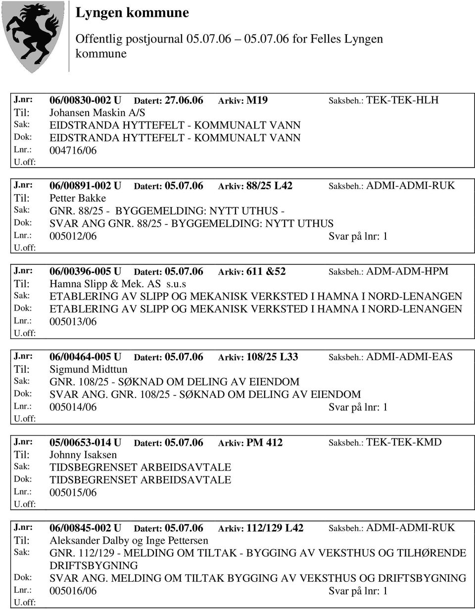 : 005012/06 Svar på lnr: 1 J.nr: 06/00396-005 U Datert: 05.07.06 Arkiv: 611 &52 Saksbeh.: ADM-ADM-HPM Til: Hamna Slipp & Mek. AS s.u.