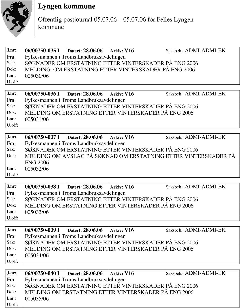 : 005032/06 J.nr: 06/00750-038 I Datert: 28.06.06 Arkiv: V16 Saksbeh.: ADMI-ADMI-EK Lnr.: 005033/06 J.nr: 06/00750-039 I Datert: 28.06.06 Arkiv: V16 Saksbeh.: ADMI-ADMI-EK Lnr.: 005034/06 J.