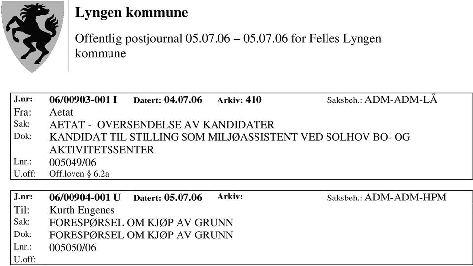 MILJØASSISTENT VED SOLHOV BO- OG AKTIVITETSSENTER Lnr.: 005049/06 Off.loven 6.2a J.