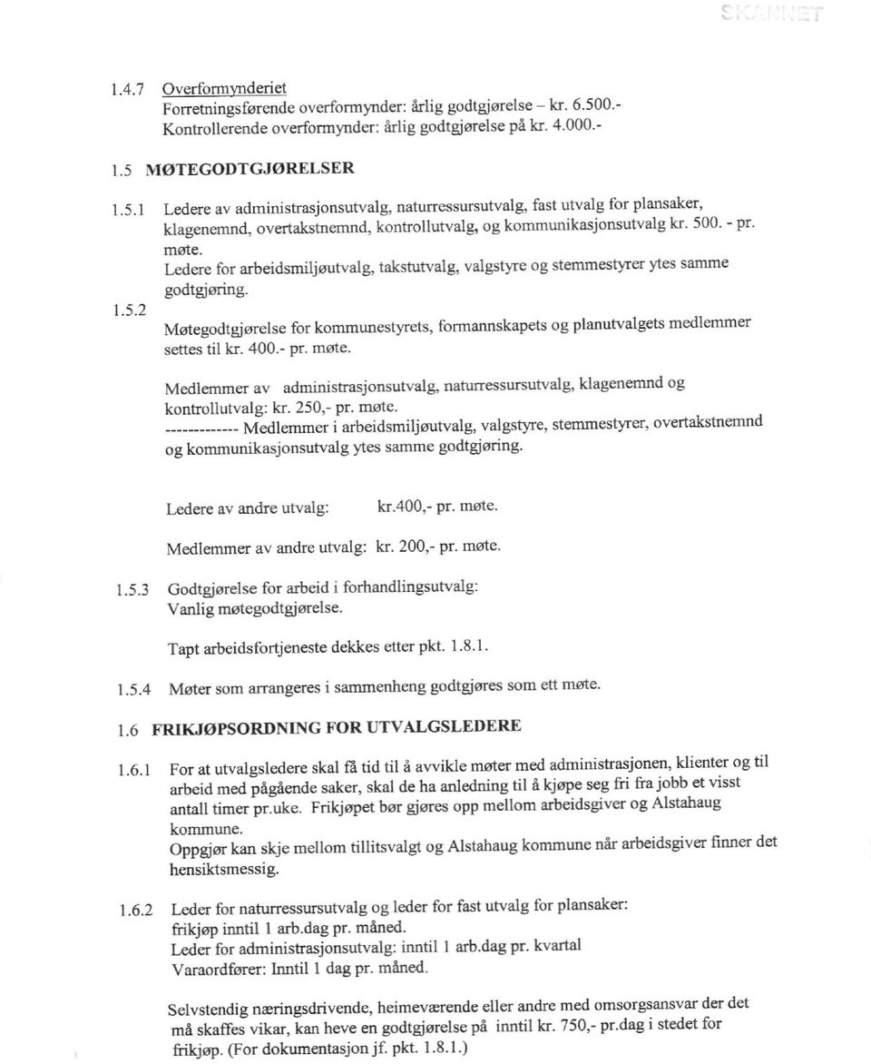 MØTEGODTGJØRELSER 1.5.1 Ledere av administrasjonsutvalg, naturressursutvalg, fast utvalg for plansaker, klagenenmd, overtakstnemnd, kontrollutvalg, og kommunikasjonsutvalg kr. 500. - pr. møte.