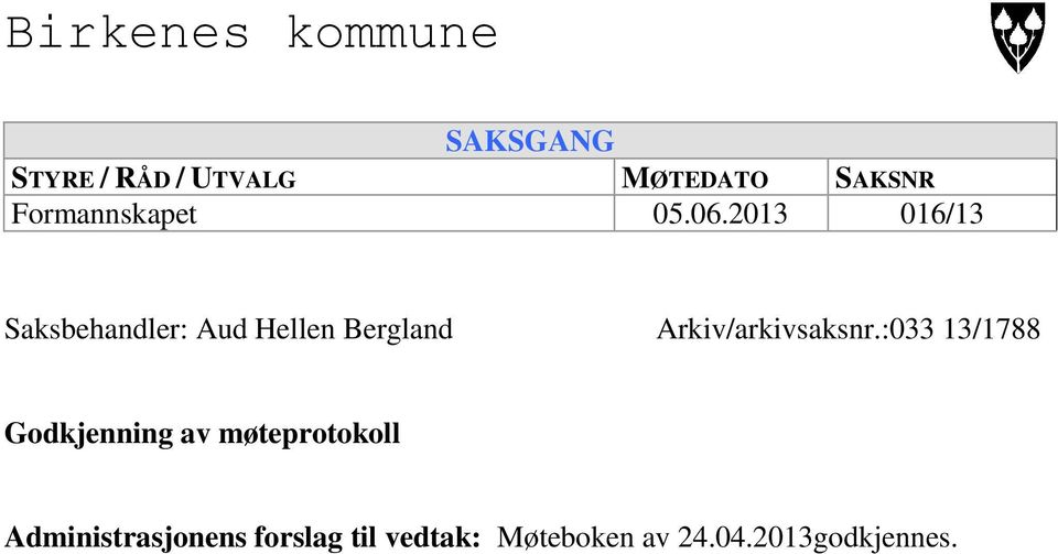 2013 016/13 Saksbehandler: Aud Hellen Bergland Arkiv/arkivsaksnr.