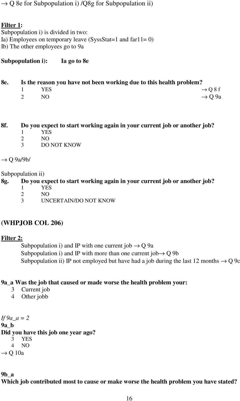 3 DO NOT KNOW Q 9a/9b/ Subpopulation ii) 8g. Do you expect to start working again in your current job or another job?
