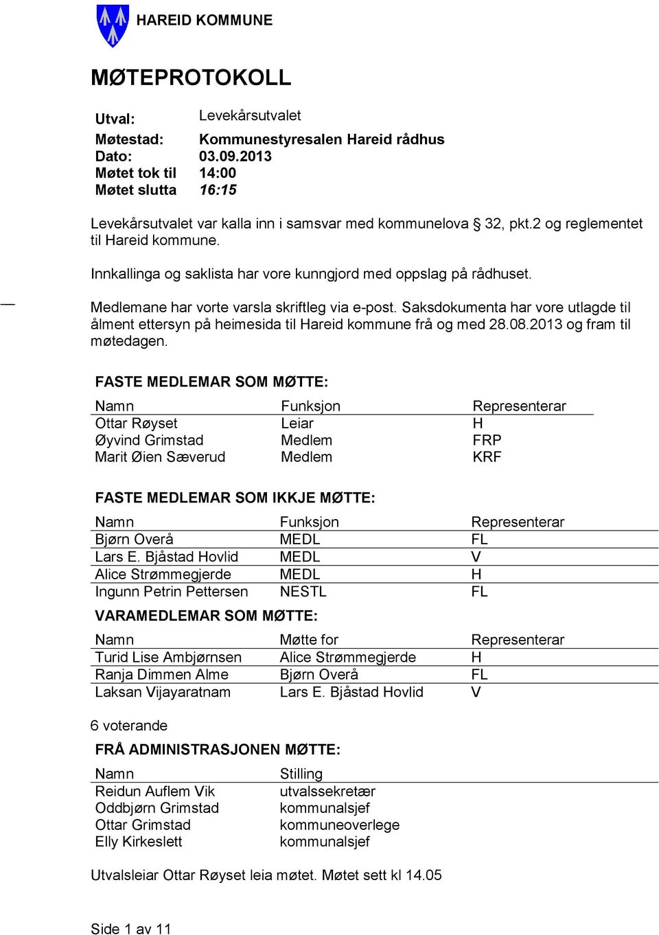 Innkallinga og saklista har vore kunngjord med oppslag på rådhuset. Medlemane har vorte varsla skriftleg via e-post.