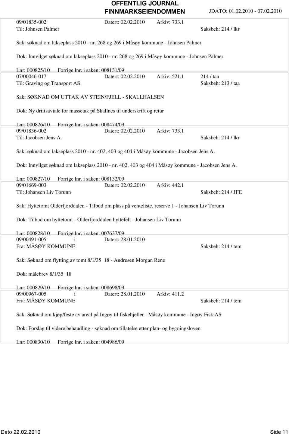 1 214 / taa Til: Graving og Transport AS Saksbeh: 213 / taa Sak: SØKNAD OM UTTAK AV STEIN/FJELL - SKALLHALSEN Dok: Ny driftsavtale for massetak på Skallnes til underskrift og retur Lnr: 000826/10