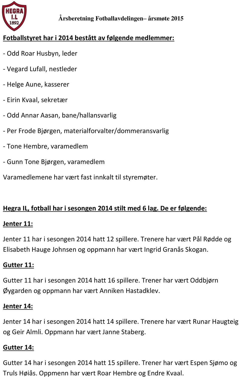 Hegra IL, fotball har i sesongen 2014 stilt med 6 lag. De er følgende: Jenter 11: Jenter 11 har i sesongen 2014 hatt 12 spillere.