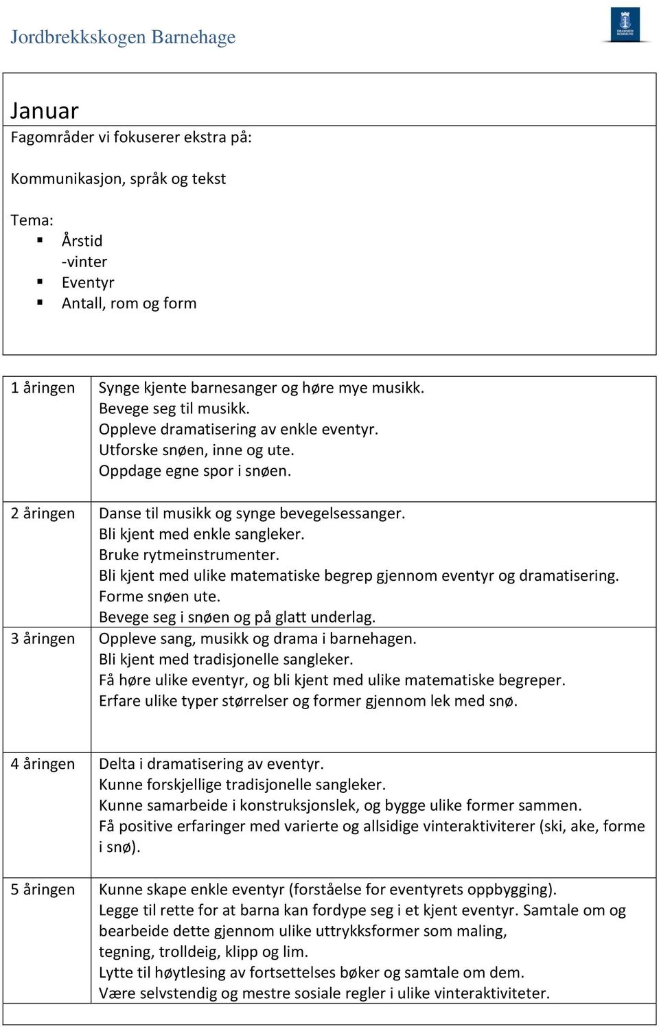 Bli kjent med ulike matematiske begrep gjennom eventyr og dramatisering. Forme snøen ute. Bevege seg i snøen og på glatt underlag. 3 åringen Oppleve sang, musikk og drama i barnehagen.