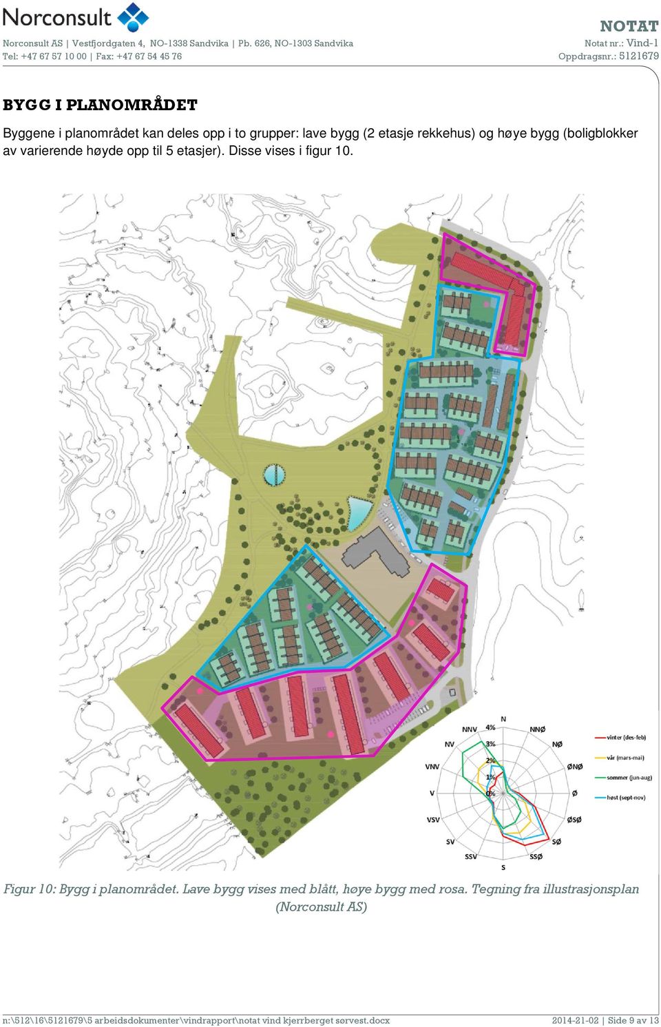 Figur 10: Bygg i planområdet. Lave bygg vises med blått, høye bygg med rosa.