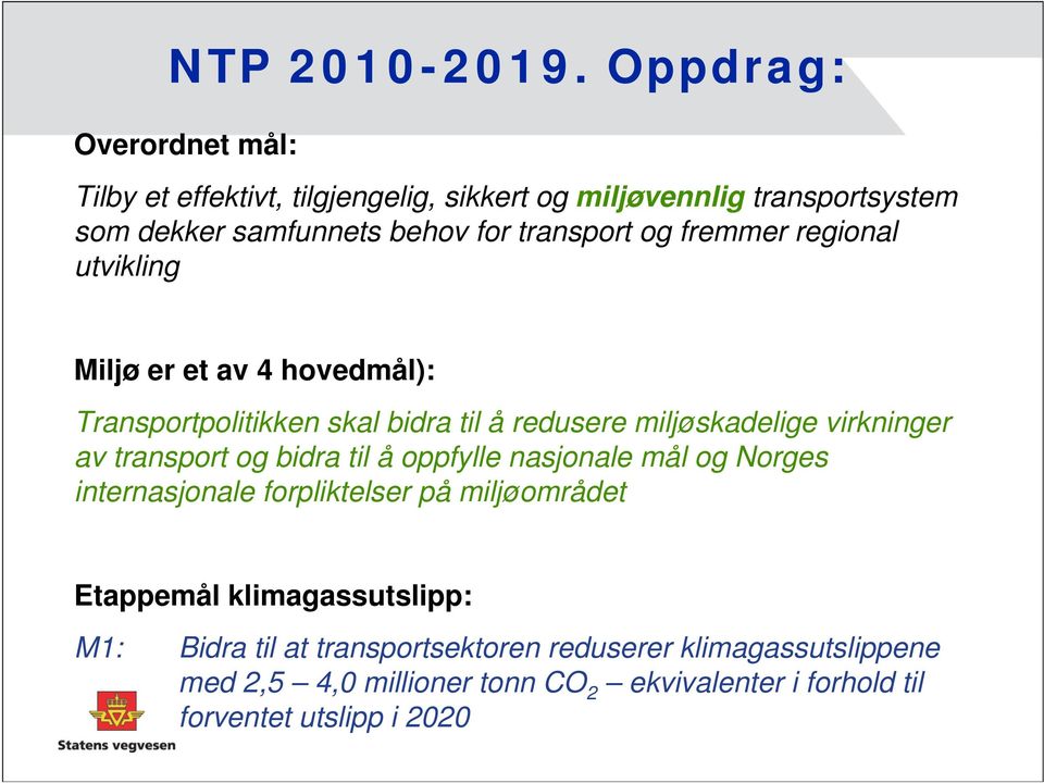 og fremmer regional utvikling Miljø er et av 4 hovedmål): Transportpolitikken skal bidra til å redusere miljøskadelige virkninger av