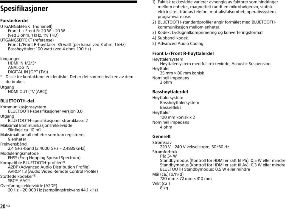 Utgang HDMI OUT (TV (ARC)) BLUETOOTH-del Kommunikasjonssystem BLUETOOTH-spesifikasjoner versjon 3.0 Utgang BLUETOOTH-spesifikasjoner strømklasse 2 Maksimal kommunikasjonsrekkevidde Siktlinje ca.