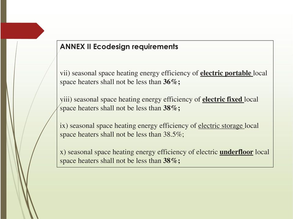 be less than 38%; ix) seasonal space heating energy efficiency of electric storage local space heaters shall not be less